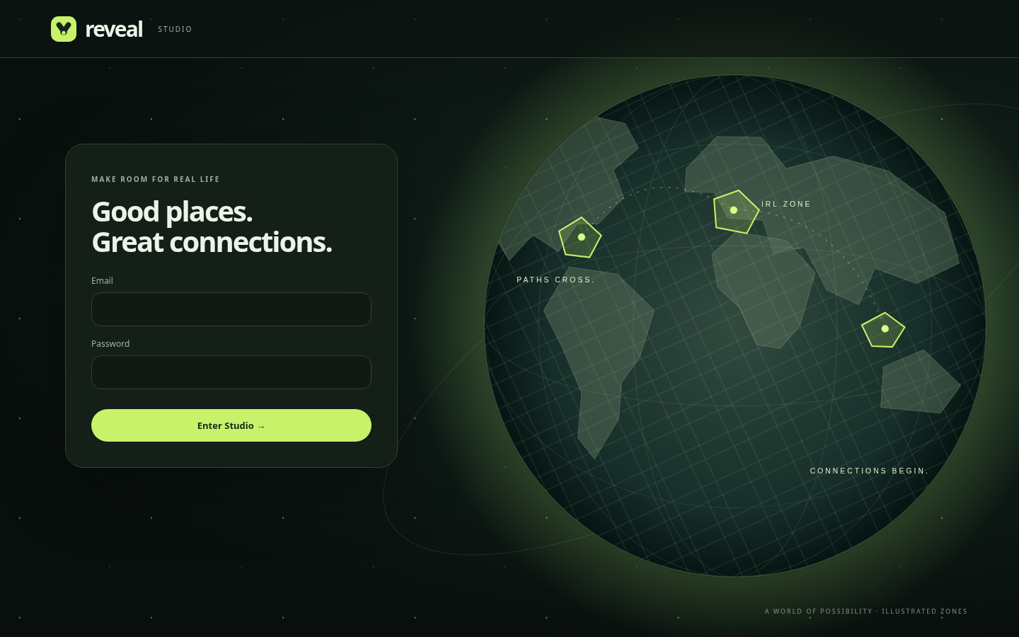 Reveal Studio login with an illustrated globe, streets and lime Reveal Zone outlines